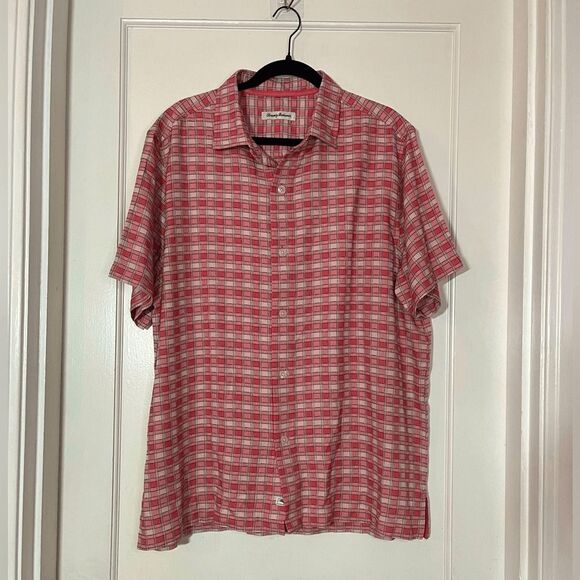 Tommy Bahama red white black woven Plaid Camp Shirt 100% Silk Mens size Large - Picture 1 of 7